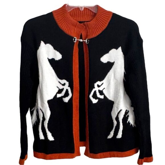 “Don't Reign Me In” Cardigan Black/Rust White Horse Silhouette Horse Bit Closure - Picture 2 of 9